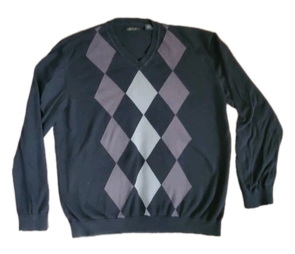 Axist Sweater XL Extra Large V-Neck Sweater Argyle 100% Cotton Black Gray Preppy